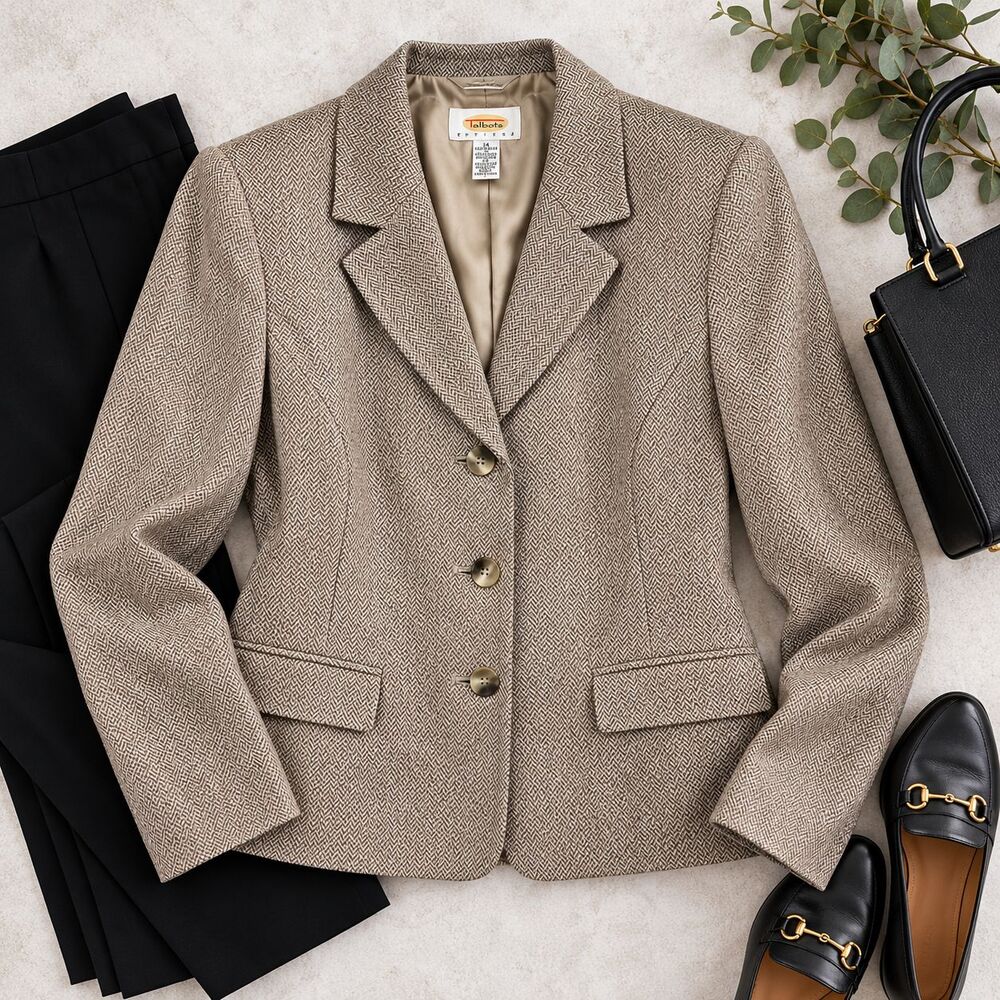 Talbots Petites Silk Cotton Herringbone Blazer Jacket Size 14P Tan Taupe